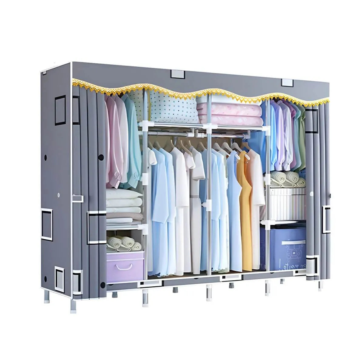 Patterned Fabric Curtain Metal Wardrobe With Shelves And Rod
