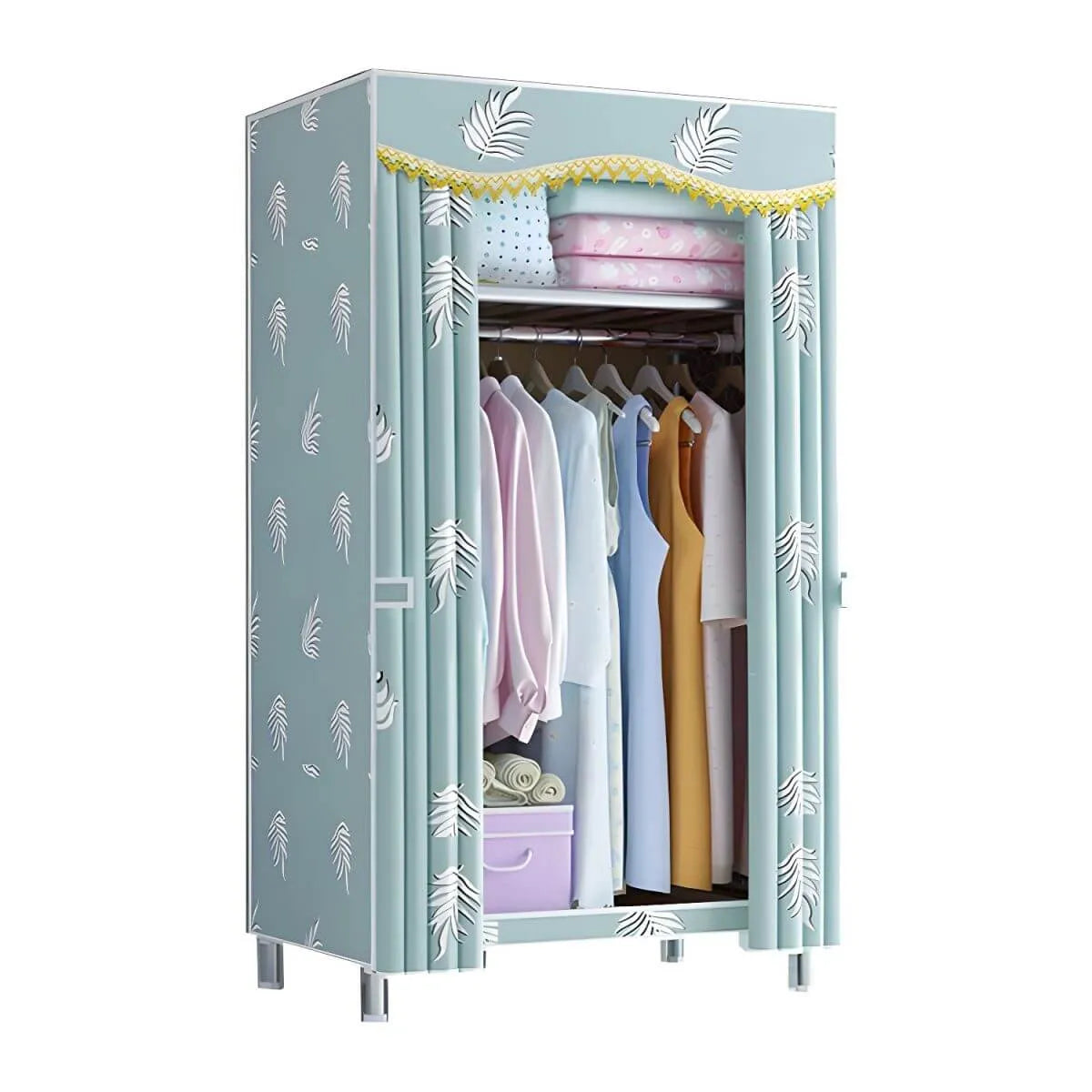 Patterned Fabric Curtain Metal Wardrobe With Shelves And Rod