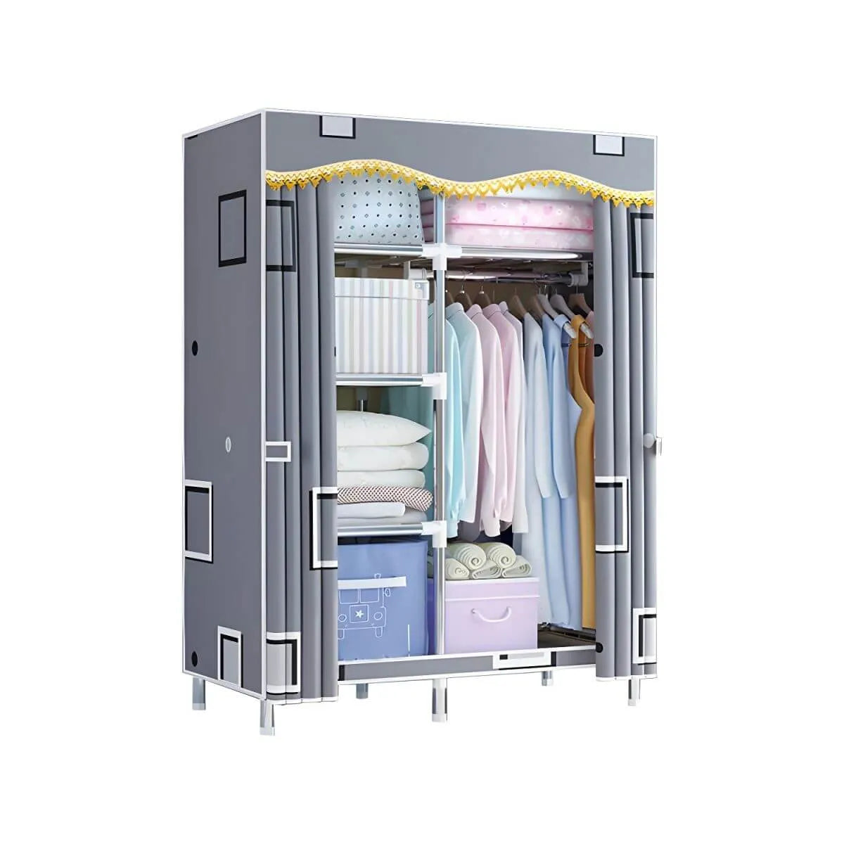 Patterned Fabric Curtain Metal Wardrobe With Shelves And Rod