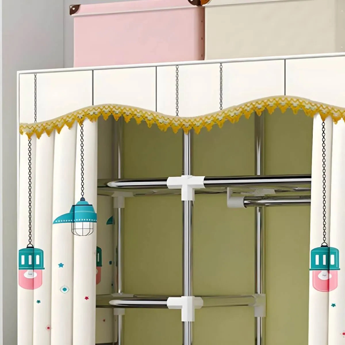 Patterned Fabric Curtain Metal Wardrobe With Shelves And Rod