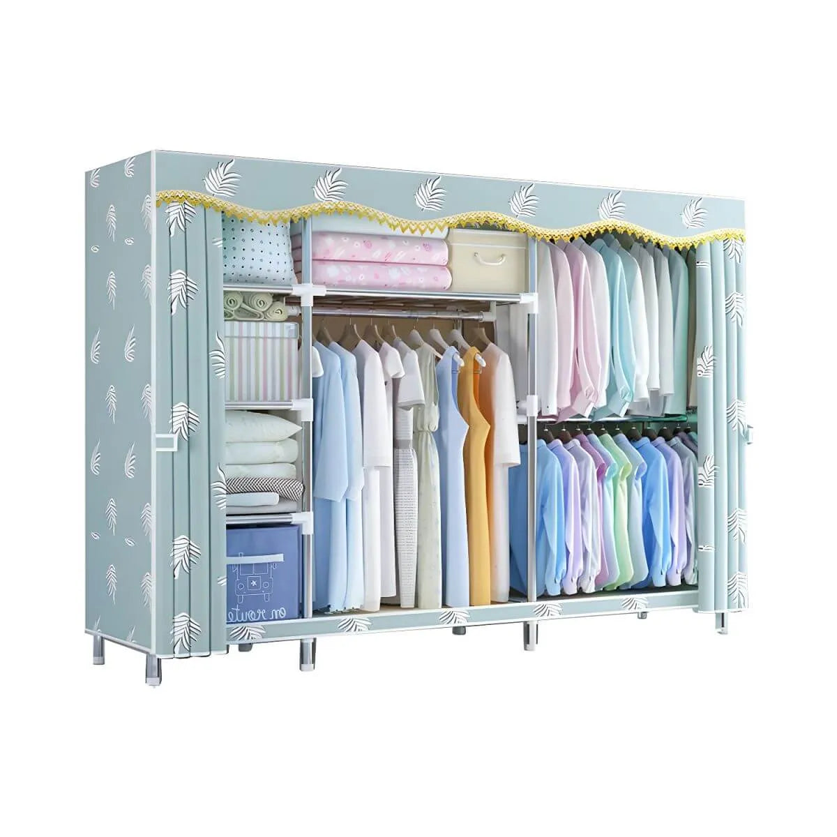 Patterned Fabric Curtain Metal Wardrobe With Shelves And Rod
