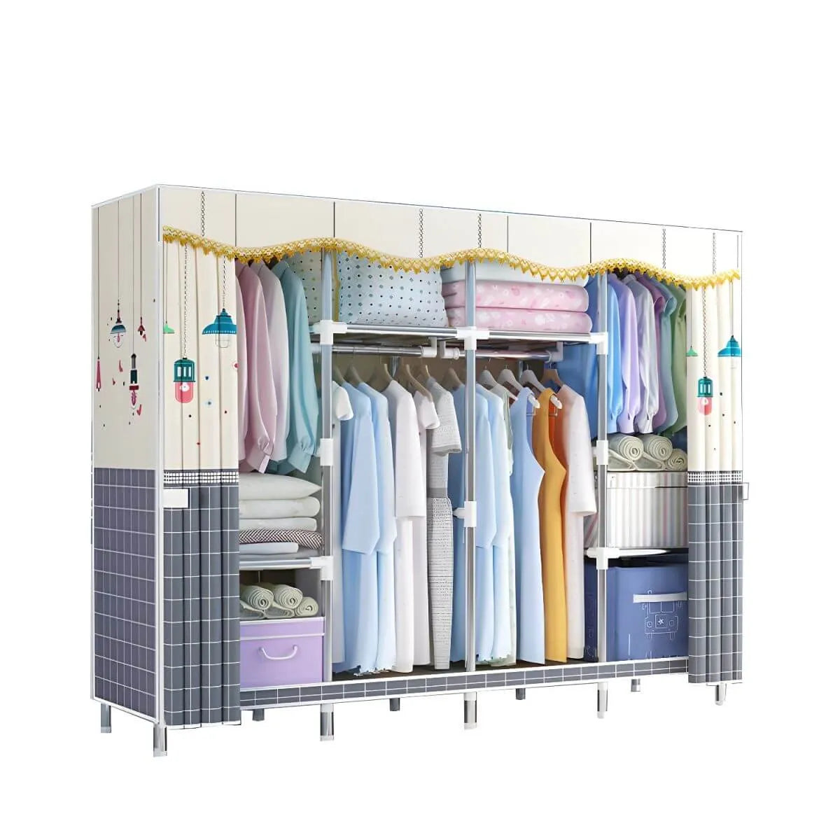 Patterned Fabric Curtain Metal Wardrobe With Shelves And Rod
