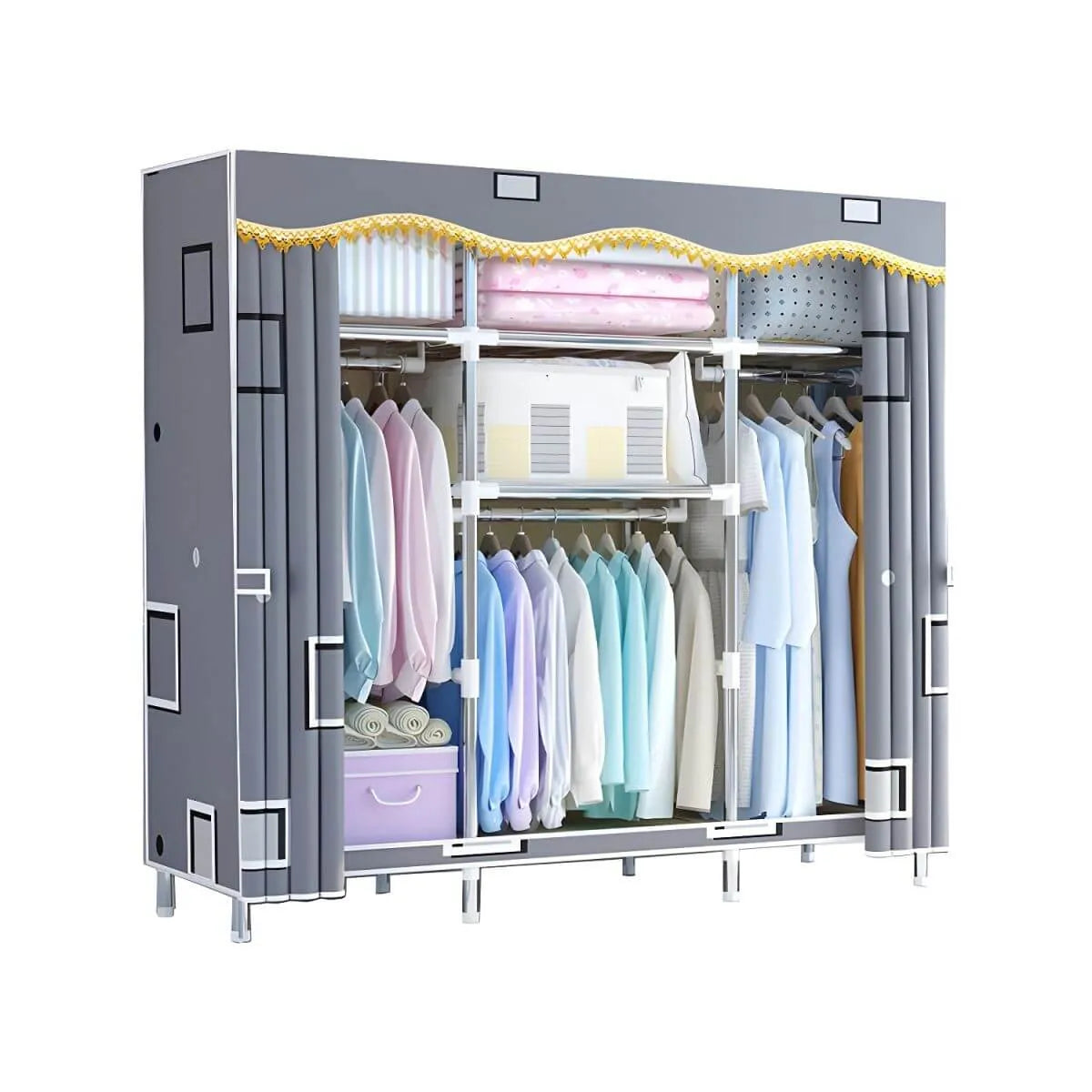 Patterned Fabric Curtain Metal Wardrobe With Shelves And Rod