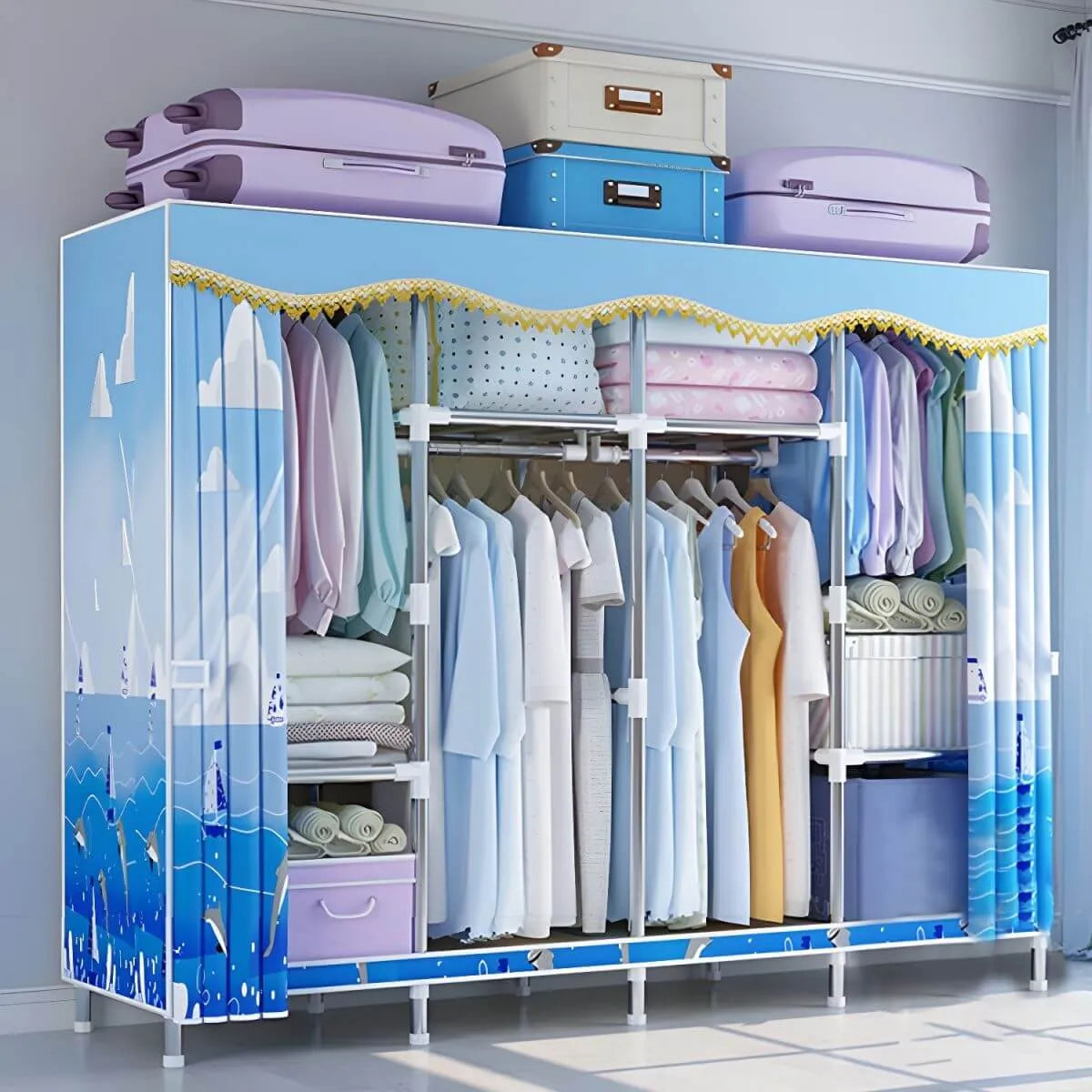 Patterned Fabric Curtain Metal Wardrobe With Shelves And Rod