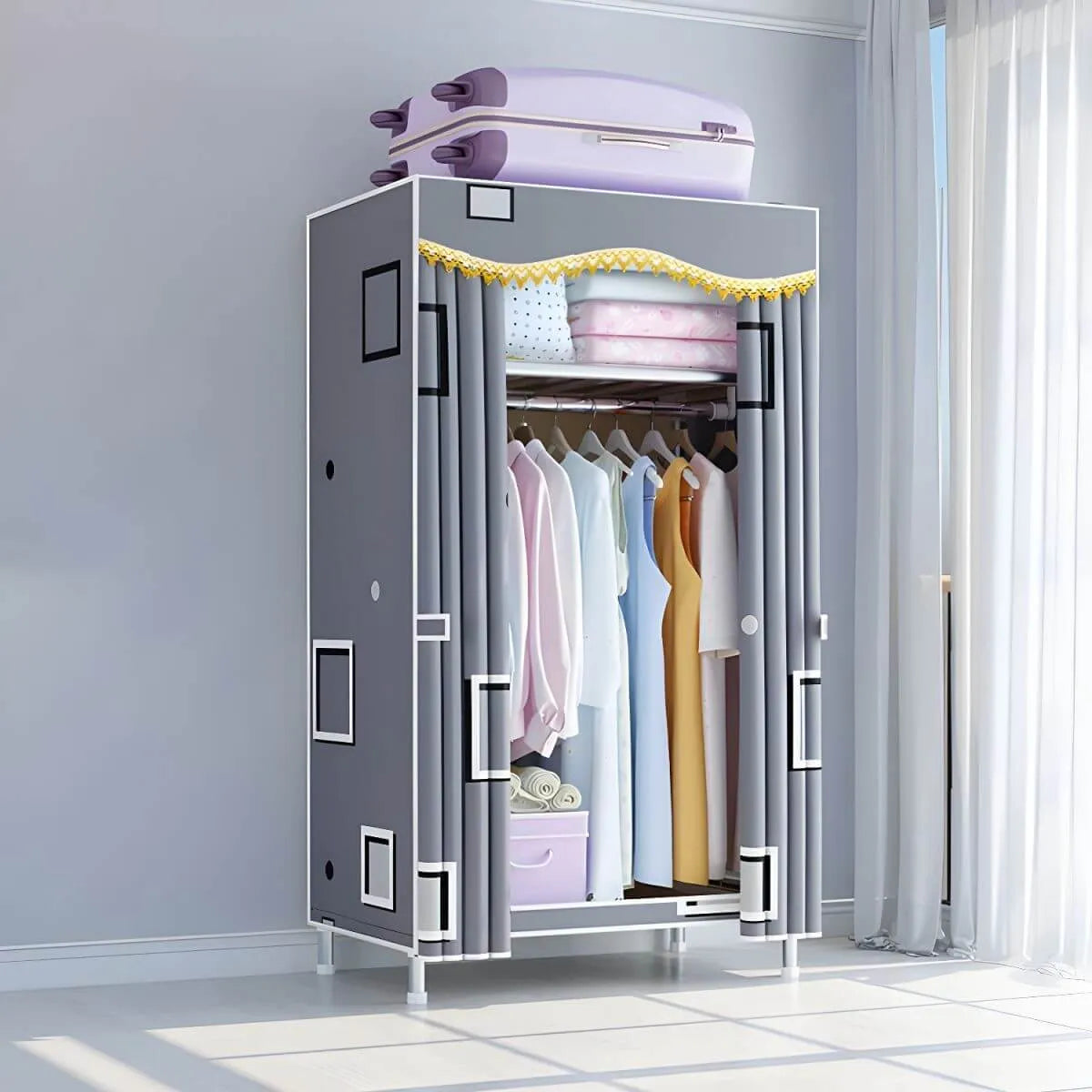 Patterned Fabric Curtain Metal Wardrobe With Shelves And Rod