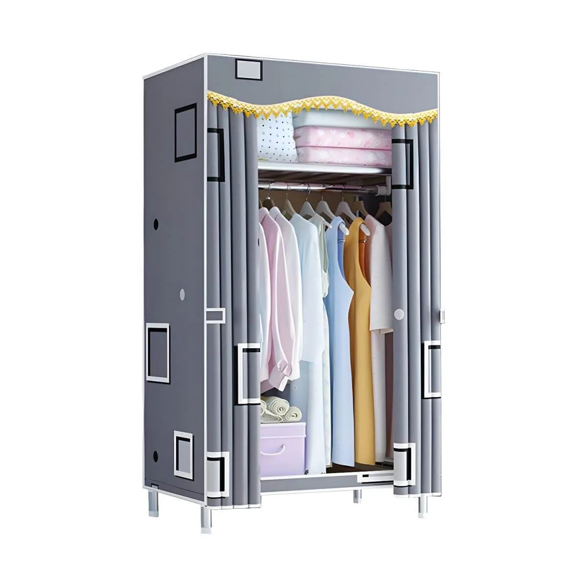 Patterned Fabric Curtain Metal Wardrobe With Shelves And Rod