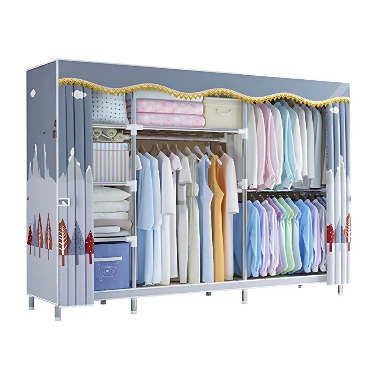Patterned Fabric Curtain Metal Wardrobe With Shelves And Rod