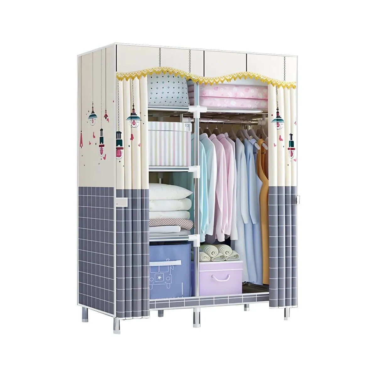 Patterned Fabric Curtain Metal Wardrobe With Shelves And Rod