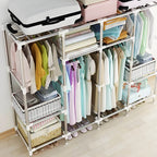 Patterned Fabric Curtain Metal Wardrobe With Shelves And Rod