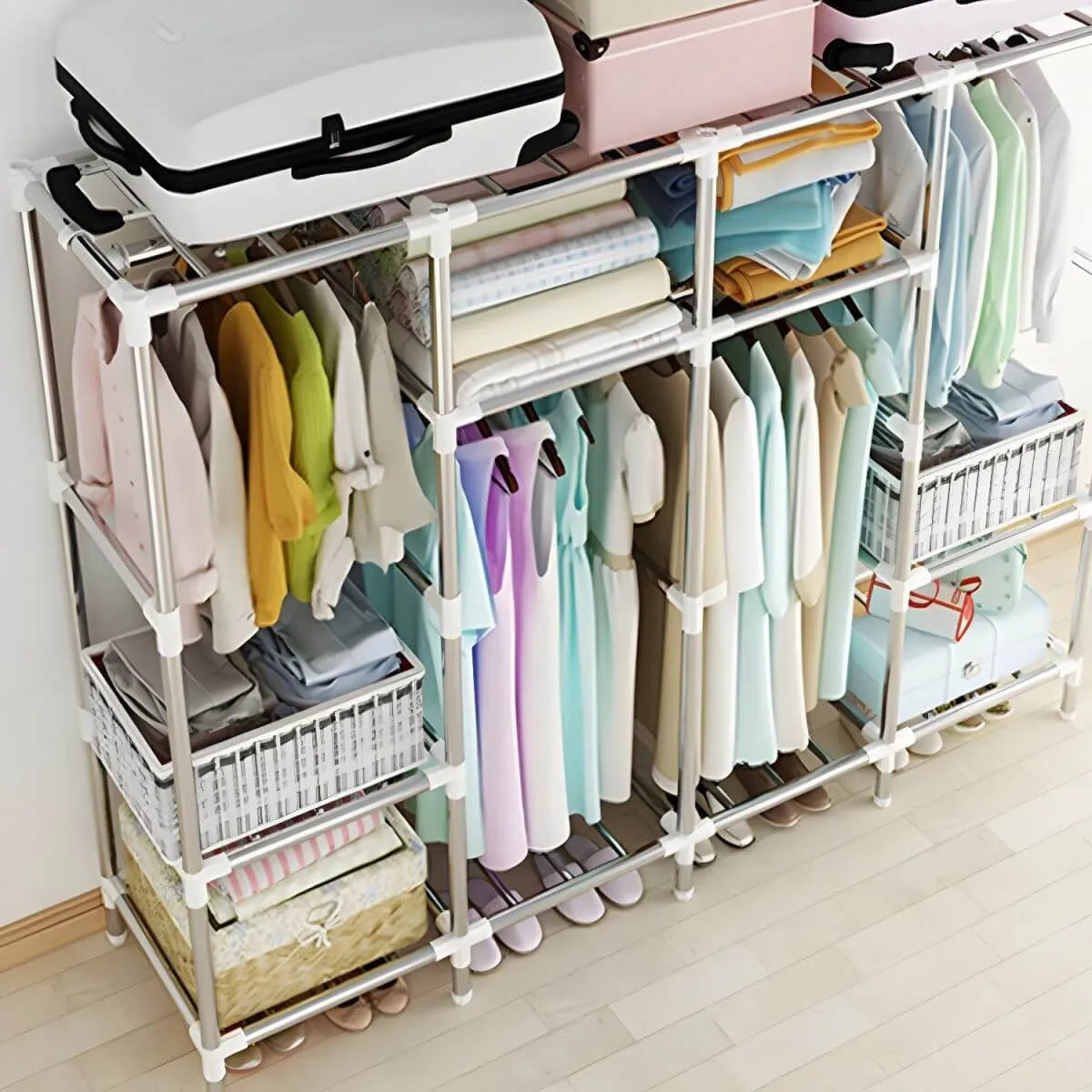 Patterned Fabric Curtain Metal Wardrobe With Shelves And Rod