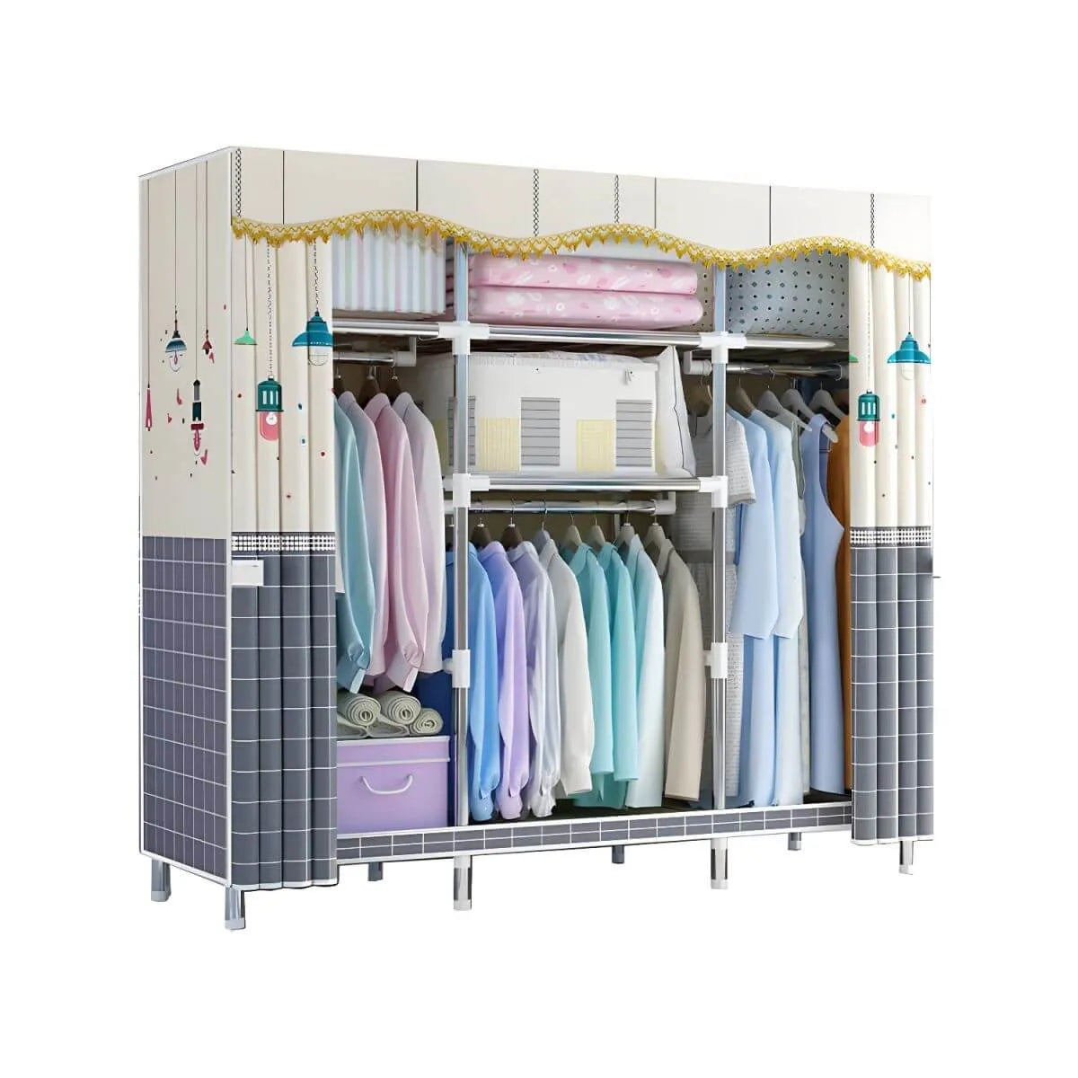 Patterned Fabric Curtain Metal Wardrobe With Shelves And Rod
