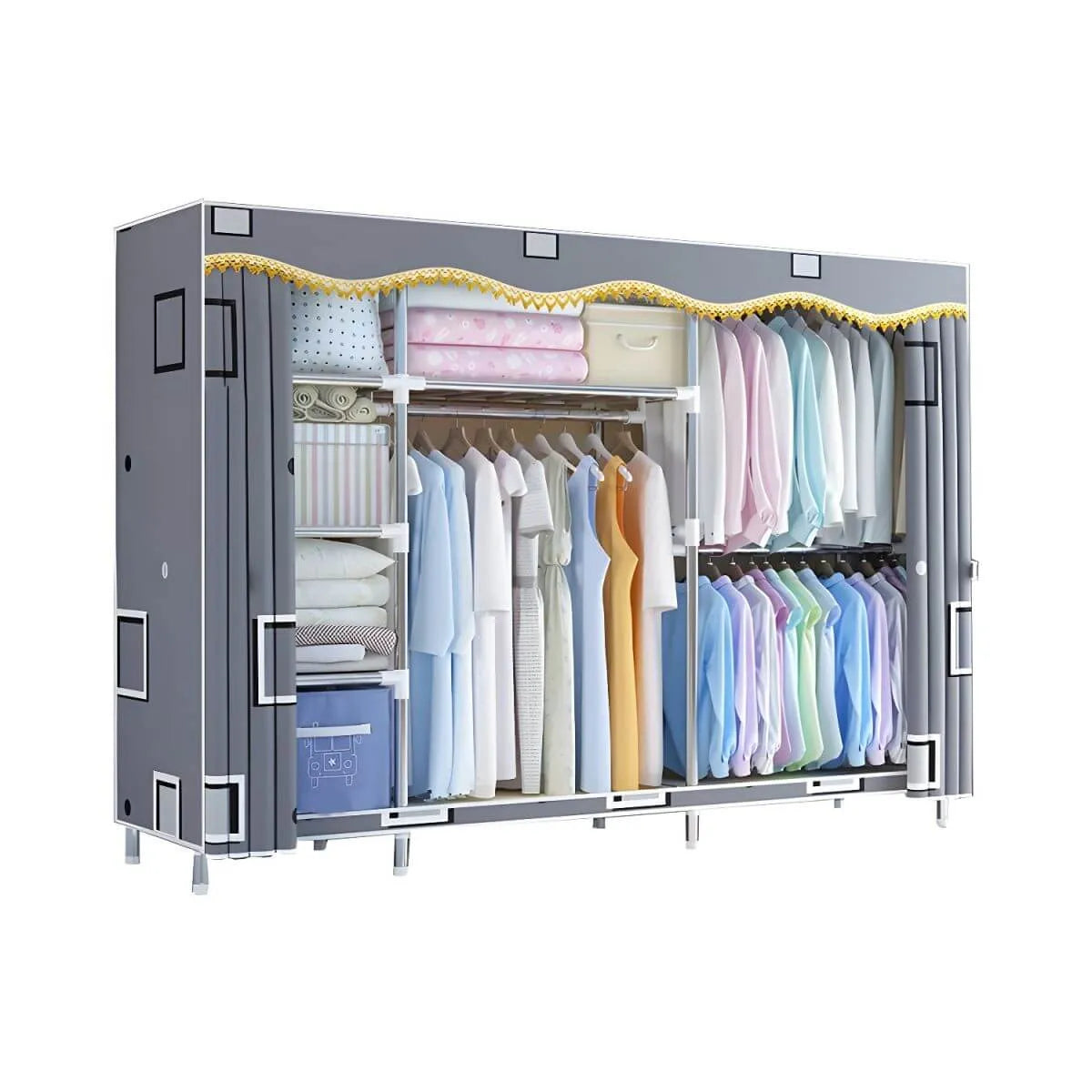 Patterned Fabric Curtain Metal Wardrobe With Shelves And Rod