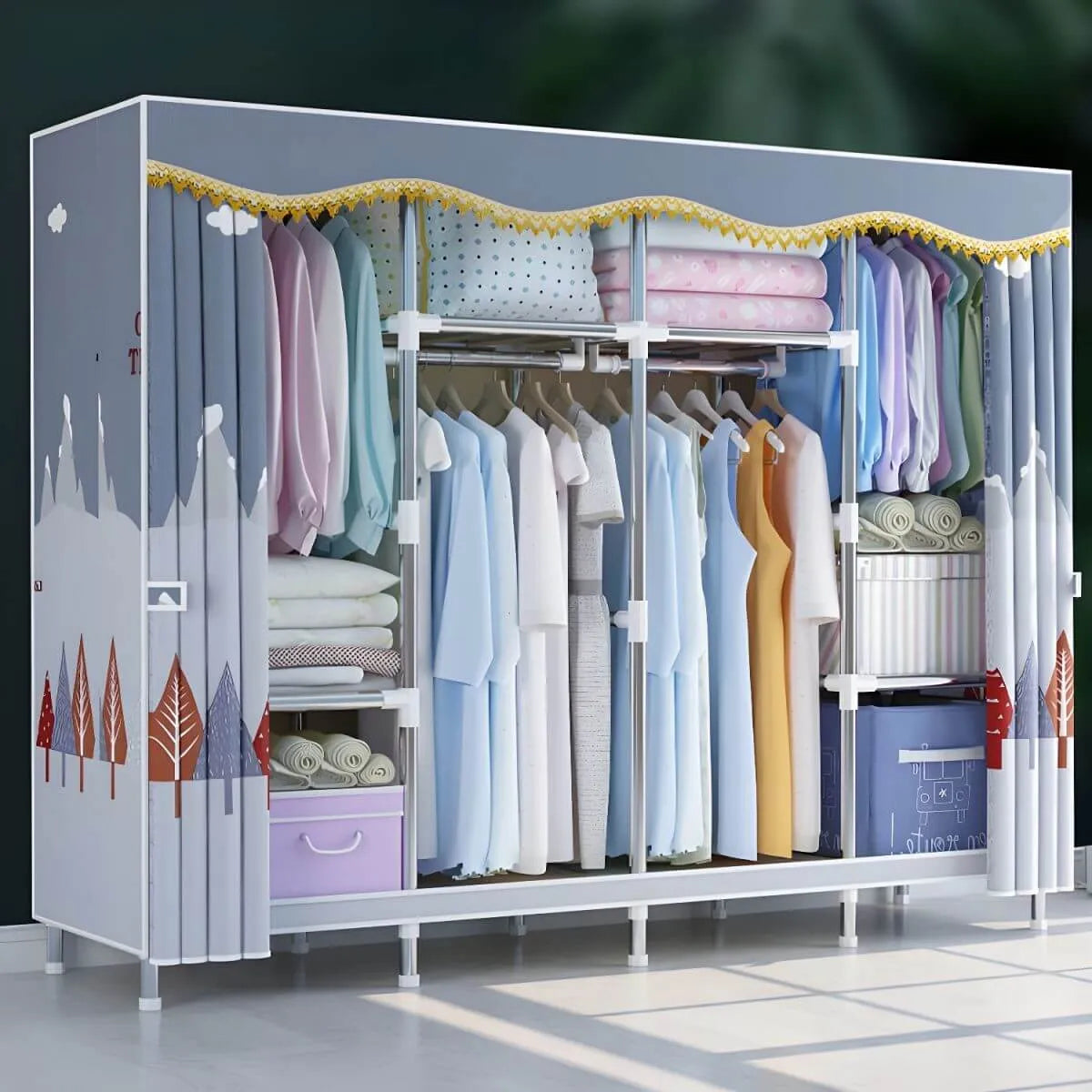 Patterned Fabric Curtain Metal Wardrobe With Shelves And Rod
