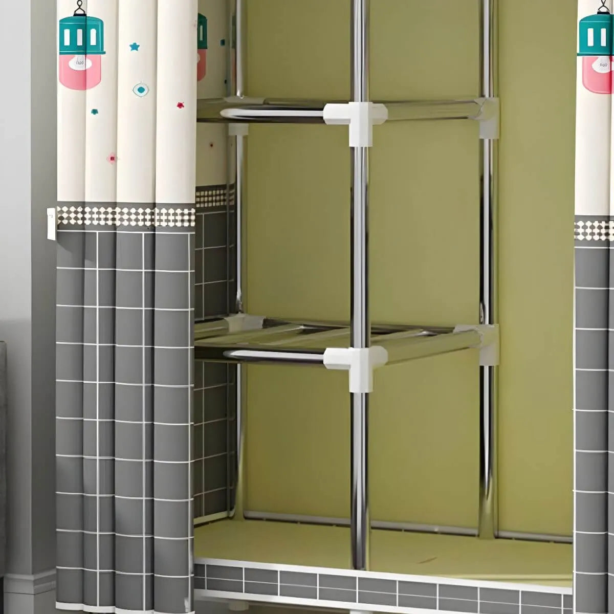 Patterned Fabric Curtain Metal Wardrobe With Shelves And Rod