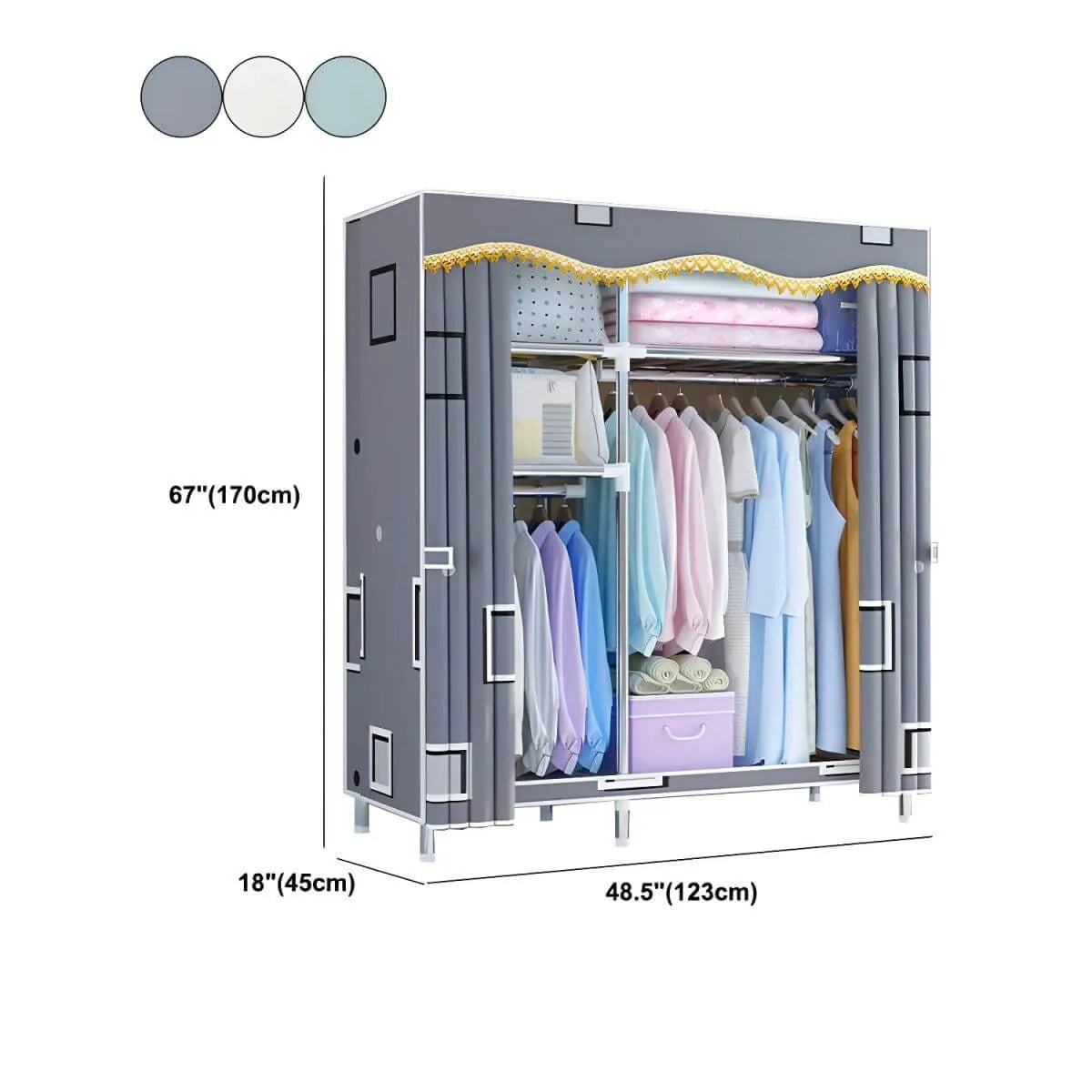 Patterned Fabric Curtain Metal Wardrobe With Shelves And Rod Dimensions
