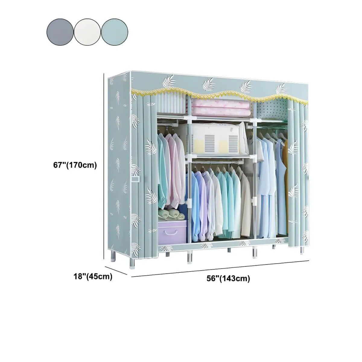 Patterned Fabric Curtain Metal Wardrobe With Shelves And Rod Dimensions