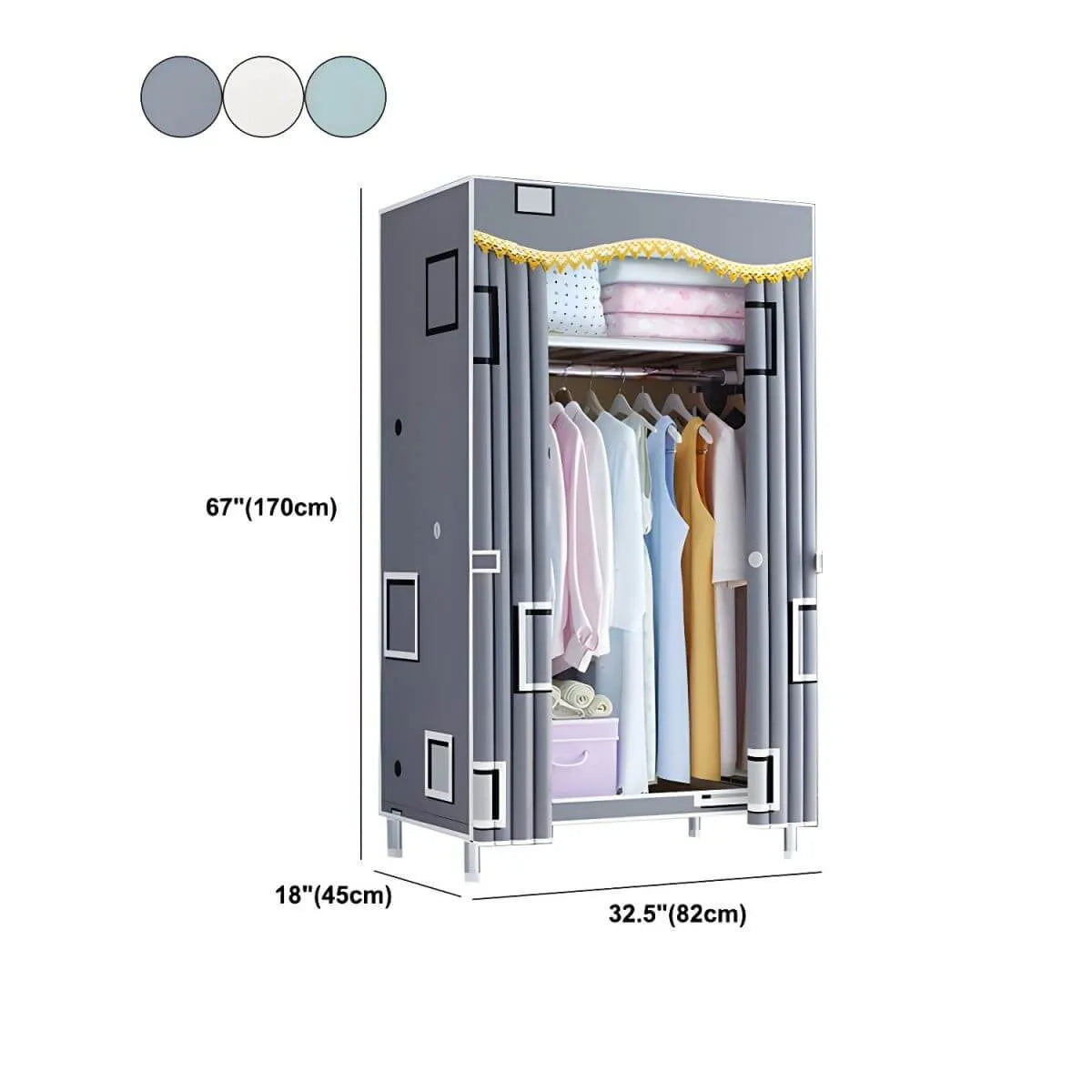 Patterned Fabric Curtain Metal Wardrobe With Shelves And Rod Dimensions