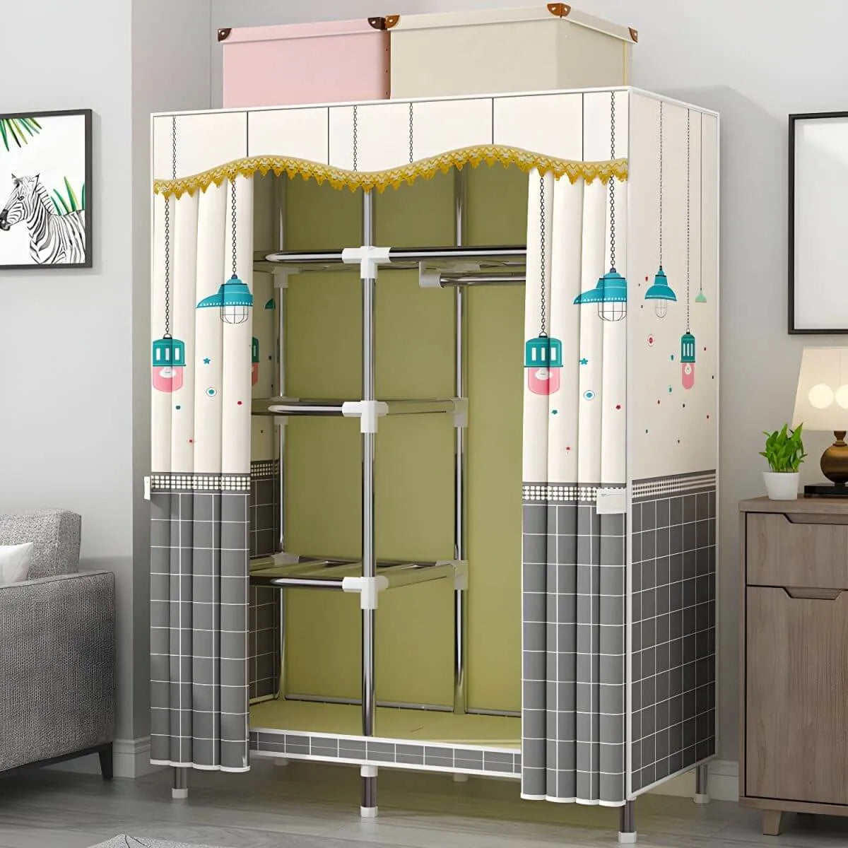 Patterned Fabric Curtain Metal Wardrobe With Shelves And Rod Main Product Image