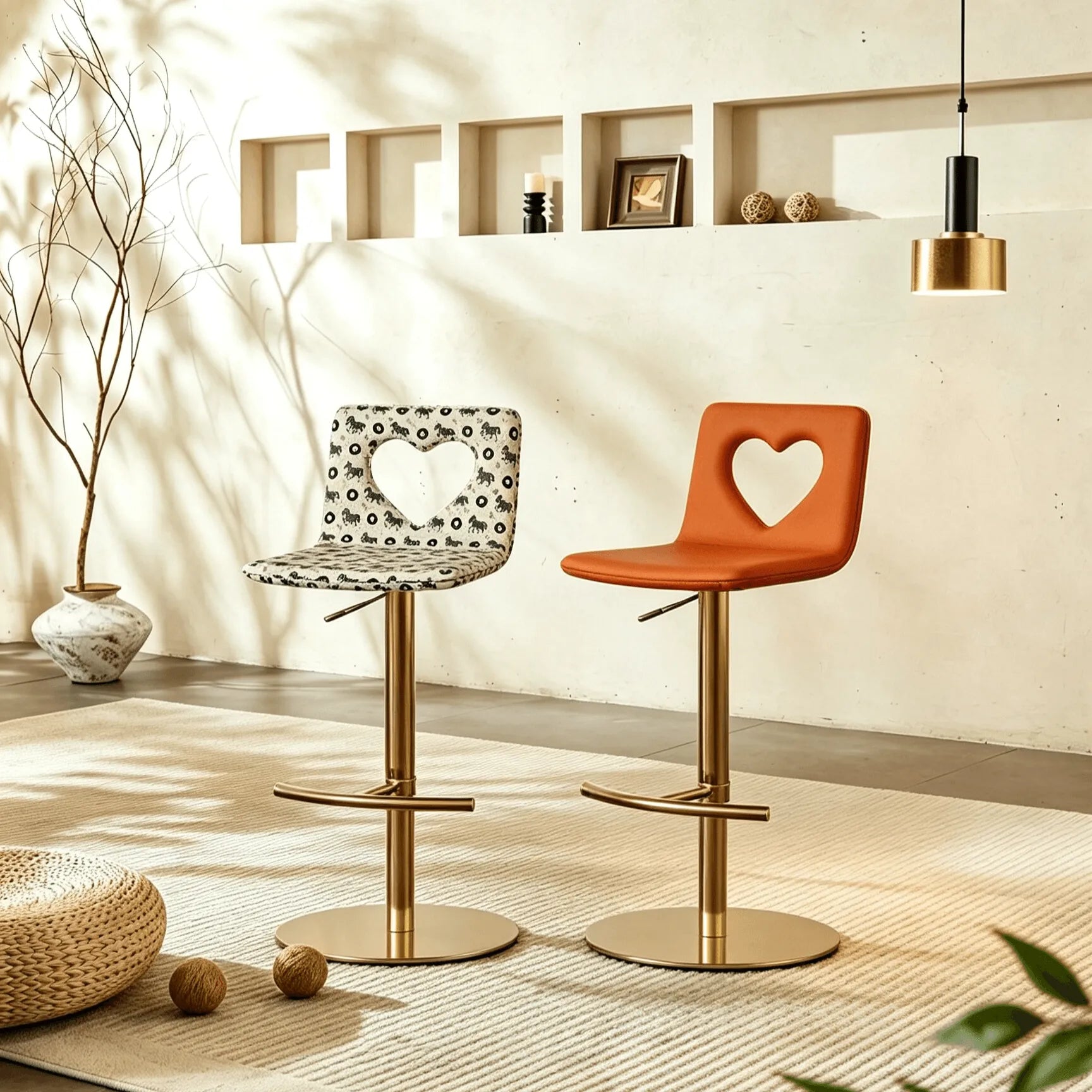 Patterned Italian Minimalist Adjustable Swivel Bar Stool With Heart Cutout