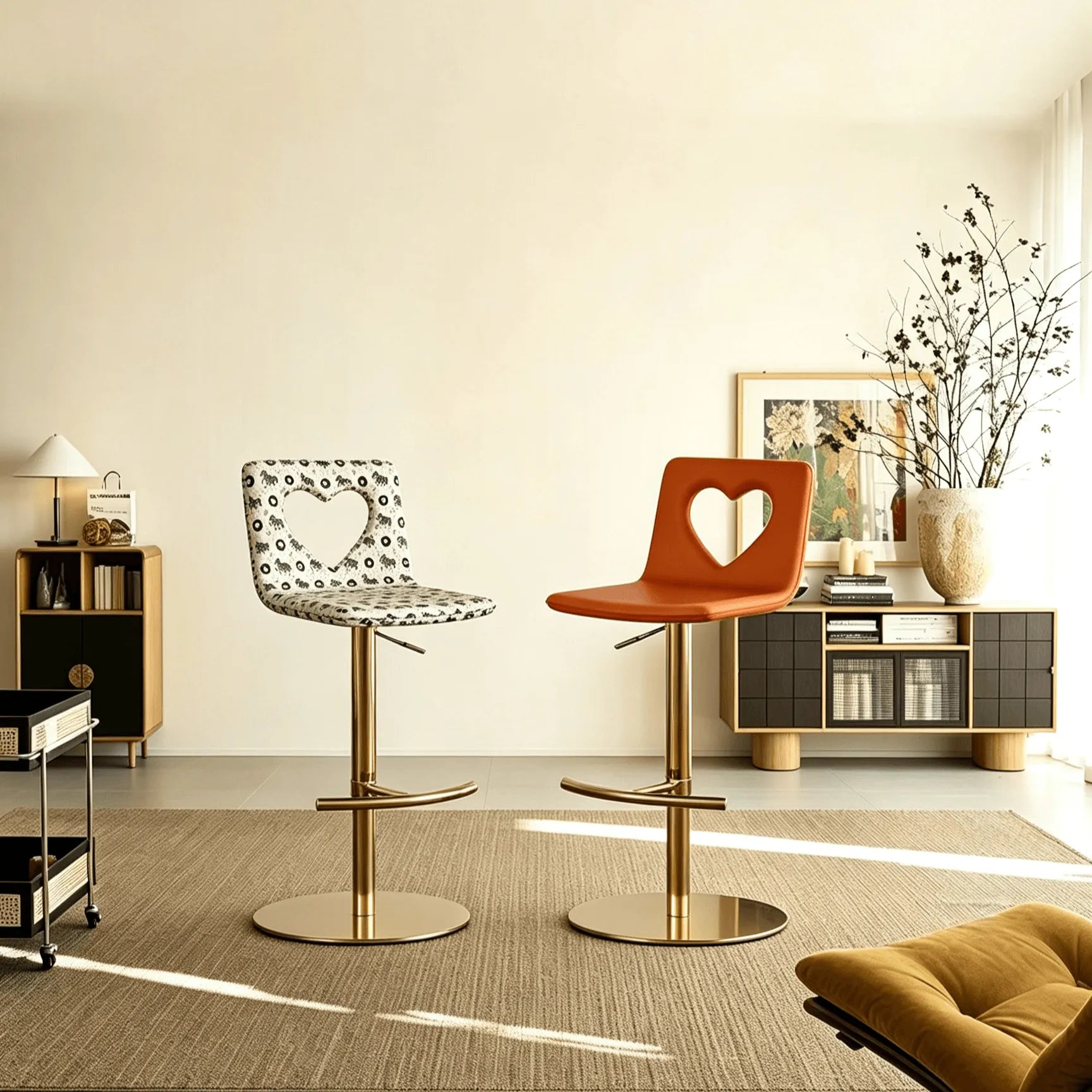 Patterned Italian Minimalist Adjustable Swivel Bar Stool With Heart Cutout