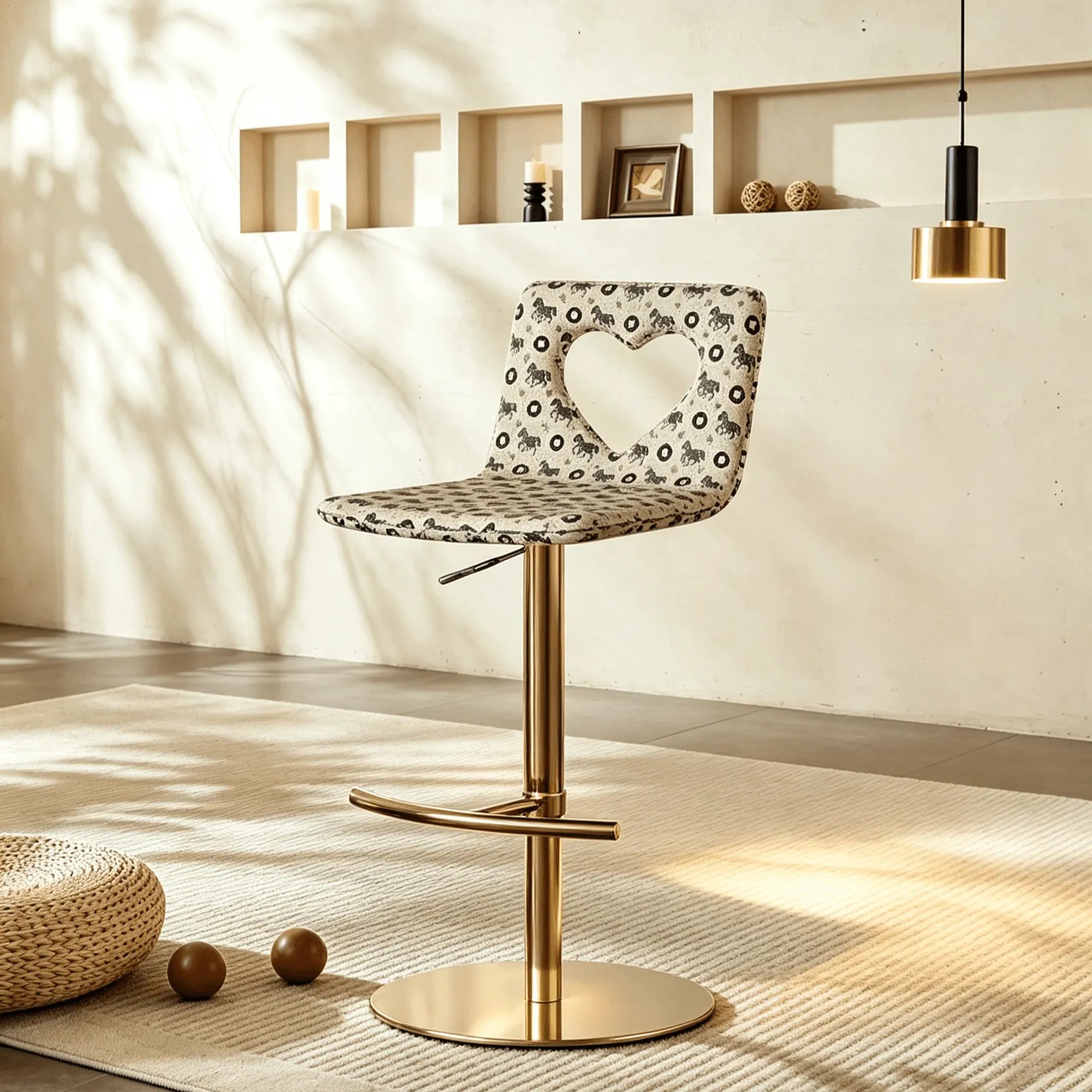 Patterned Italian Minimalist Adjustable Swivel Bar Stool With Heart Cutout