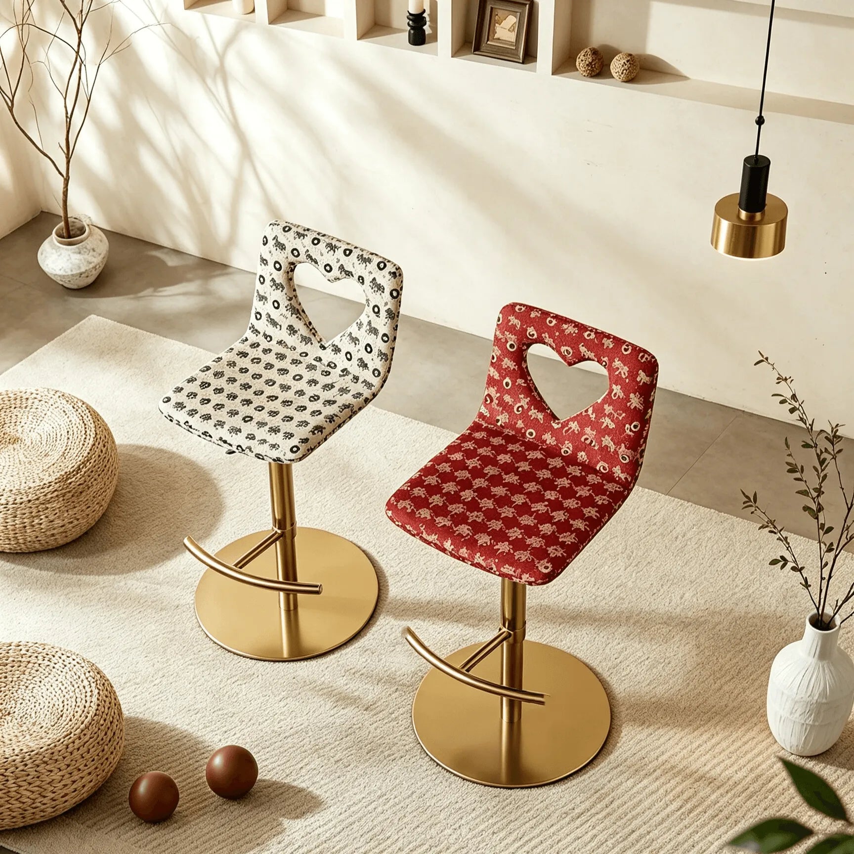 Patterned Italian Minimalist Adjustable Swivel Bar Stool With Heart Cutout