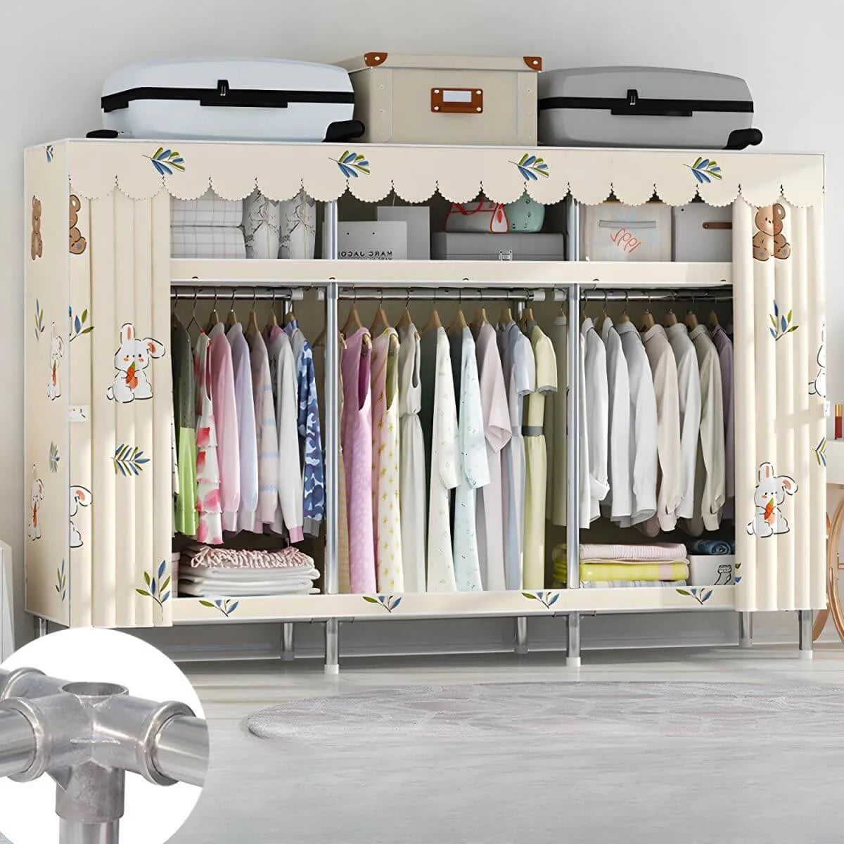 Patterned Metal Wardrobe Armoire With Shelves, Rod And Legs