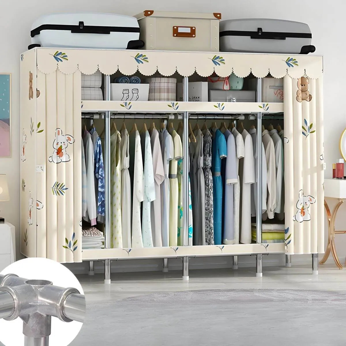 Patterned Metal Wardrobe Armoire With Shelves, Rod And Legs