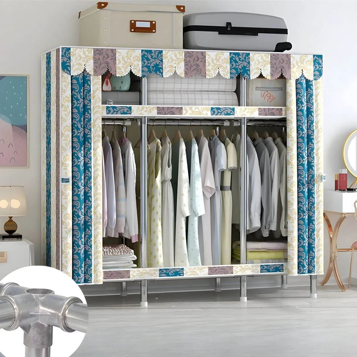 Patterned Metal Wardrobe Armoire With Shelves, Rod And Legs