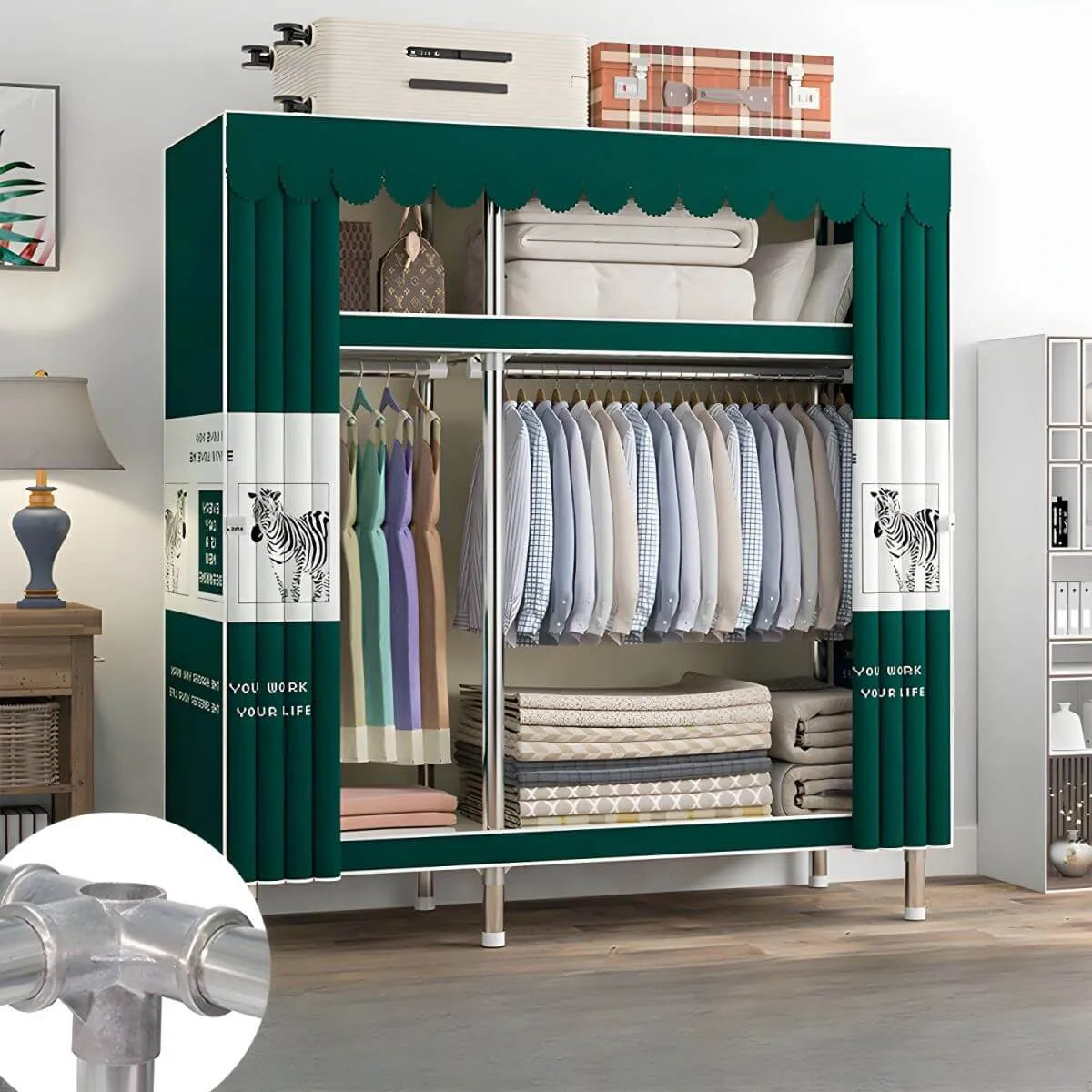 Patterned Metal Wardrobe Armoire With Shelves, Rod And Legs
