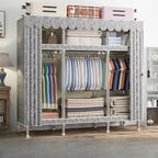 Patterned Metal Wardrobe Armoire With Shelves, Rod And Legs