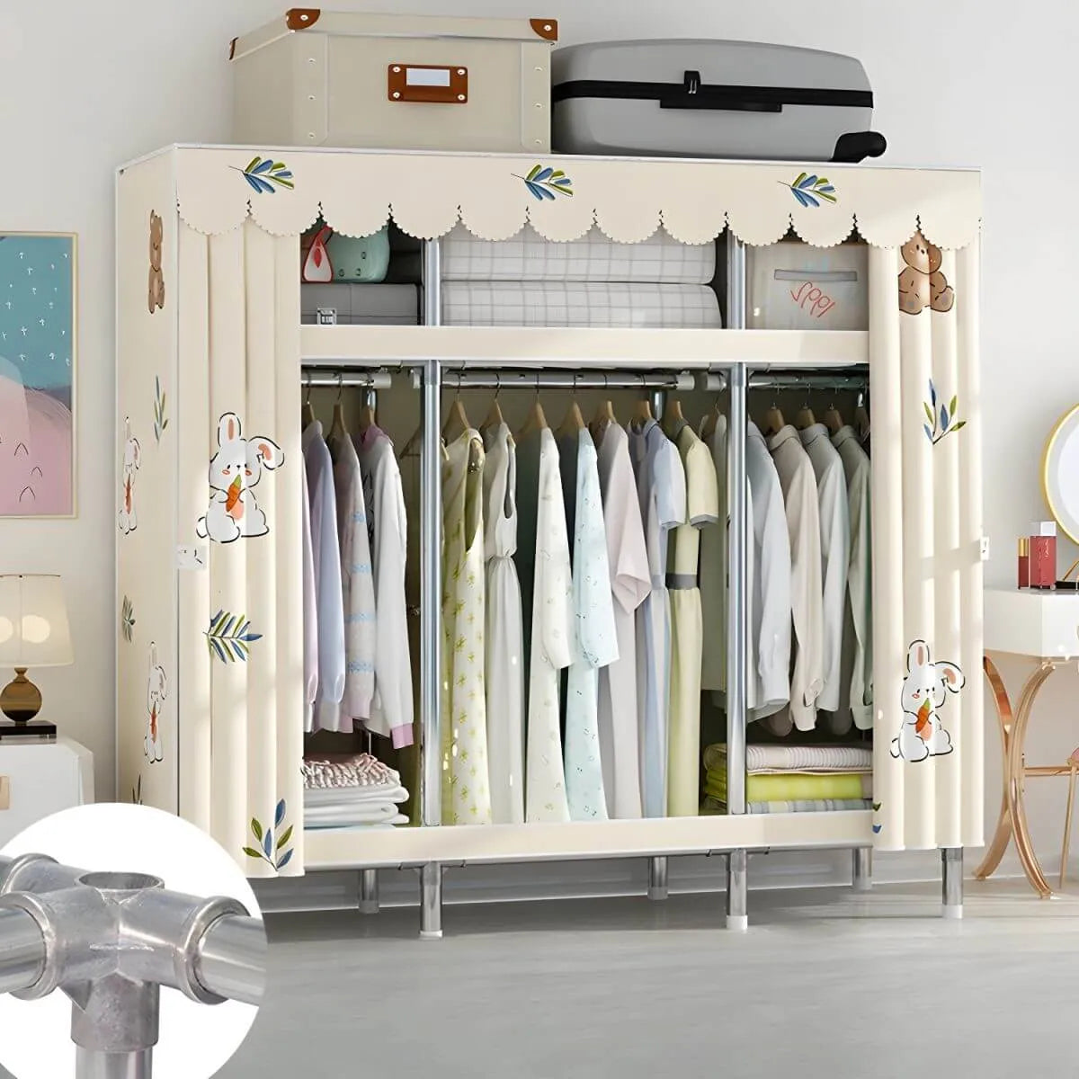 Patterned Metal Wardrobe Armoire With Shelves, Rod And Legs