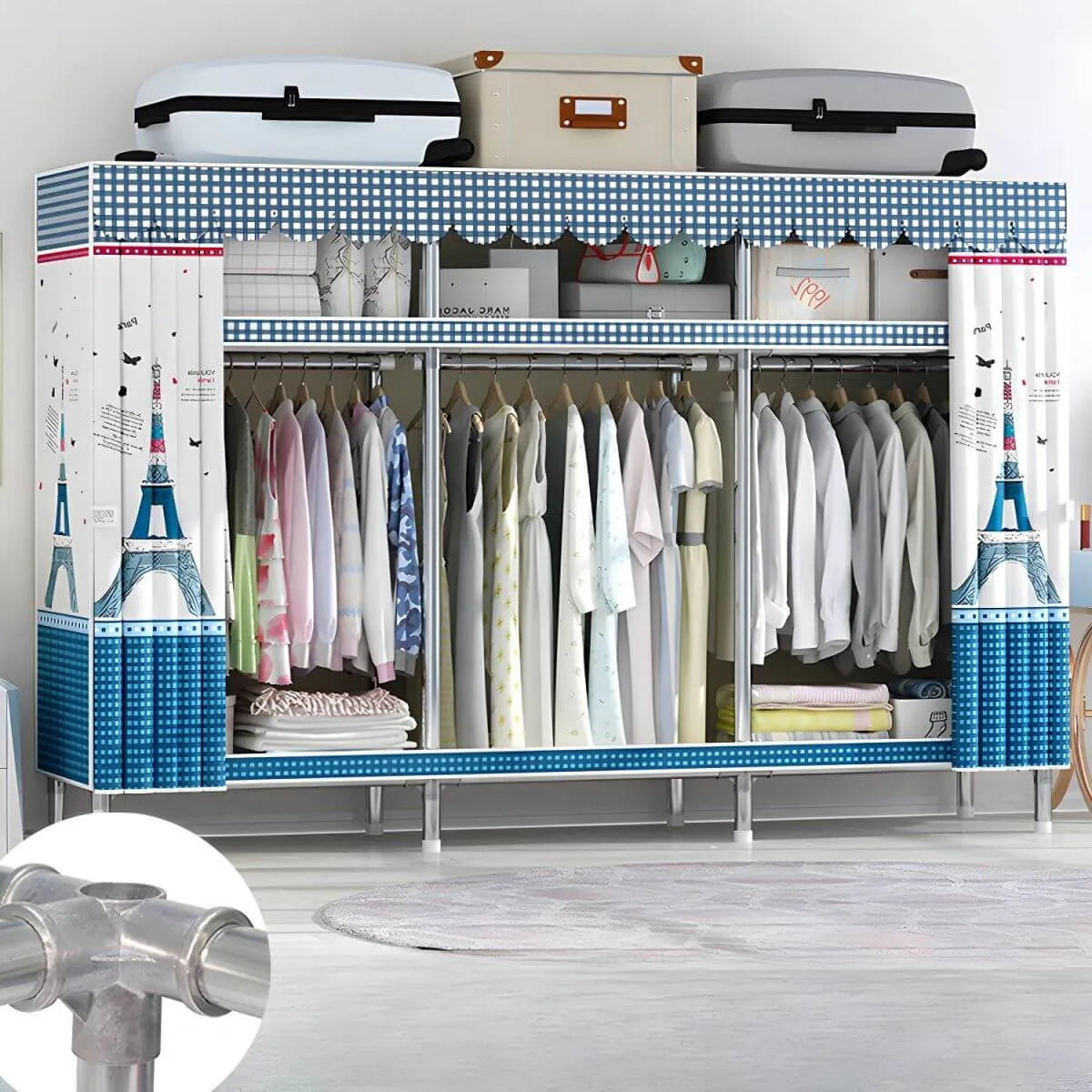 Patterned Metal Wardrobe Armoire With Shelves, Rod And Legs