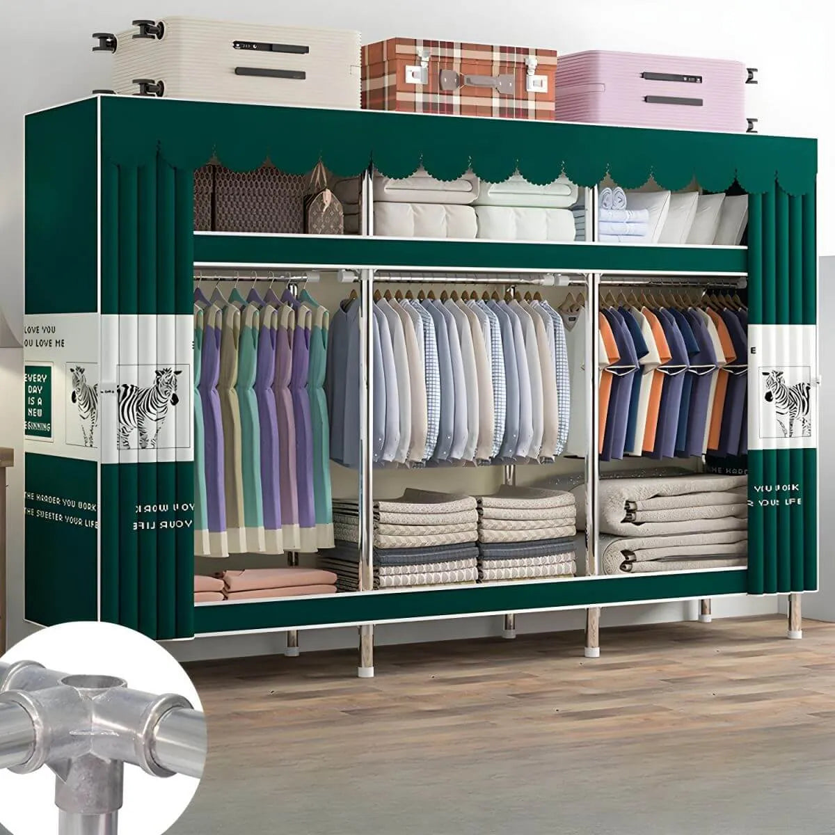 Patterned Metal Wardrobe Armoire With Shelves, Rod And Legs