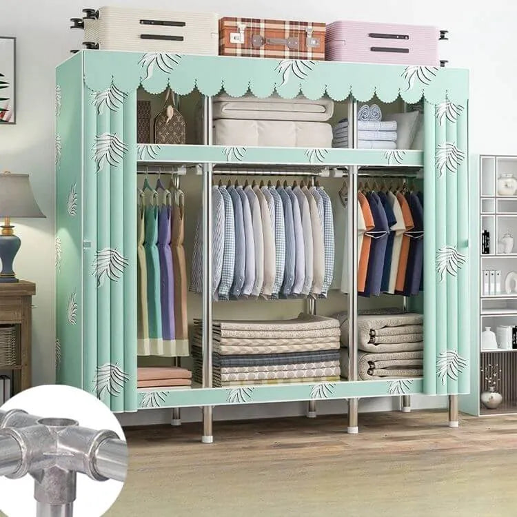 Patterned Metal Wardrobe Armoire With Shelves, Rod And Legs