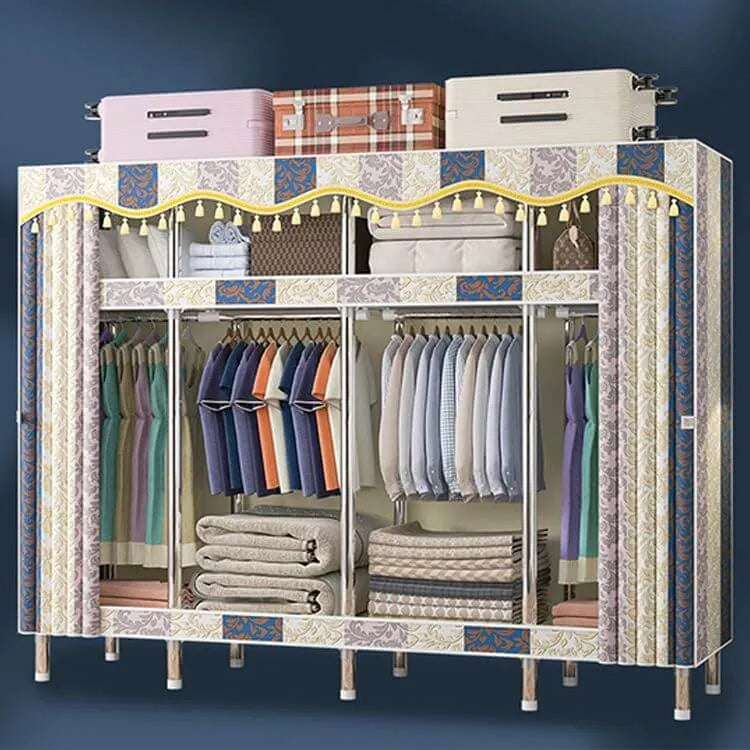 Patterned Metal Wardrobe Armoire With Shelves, Rod And Legs