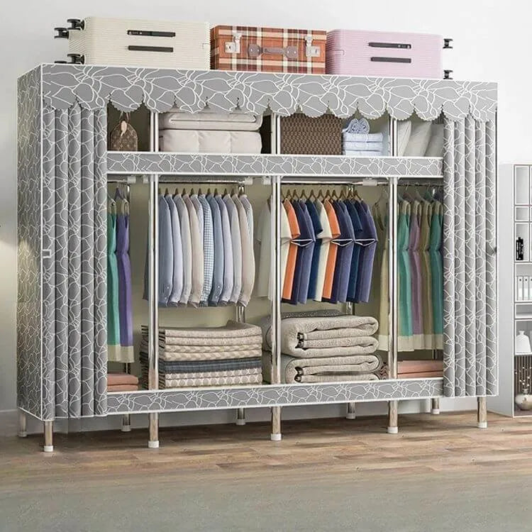 Patterned Metal Wardrobe Armoire With Shelves, Rod And Legs