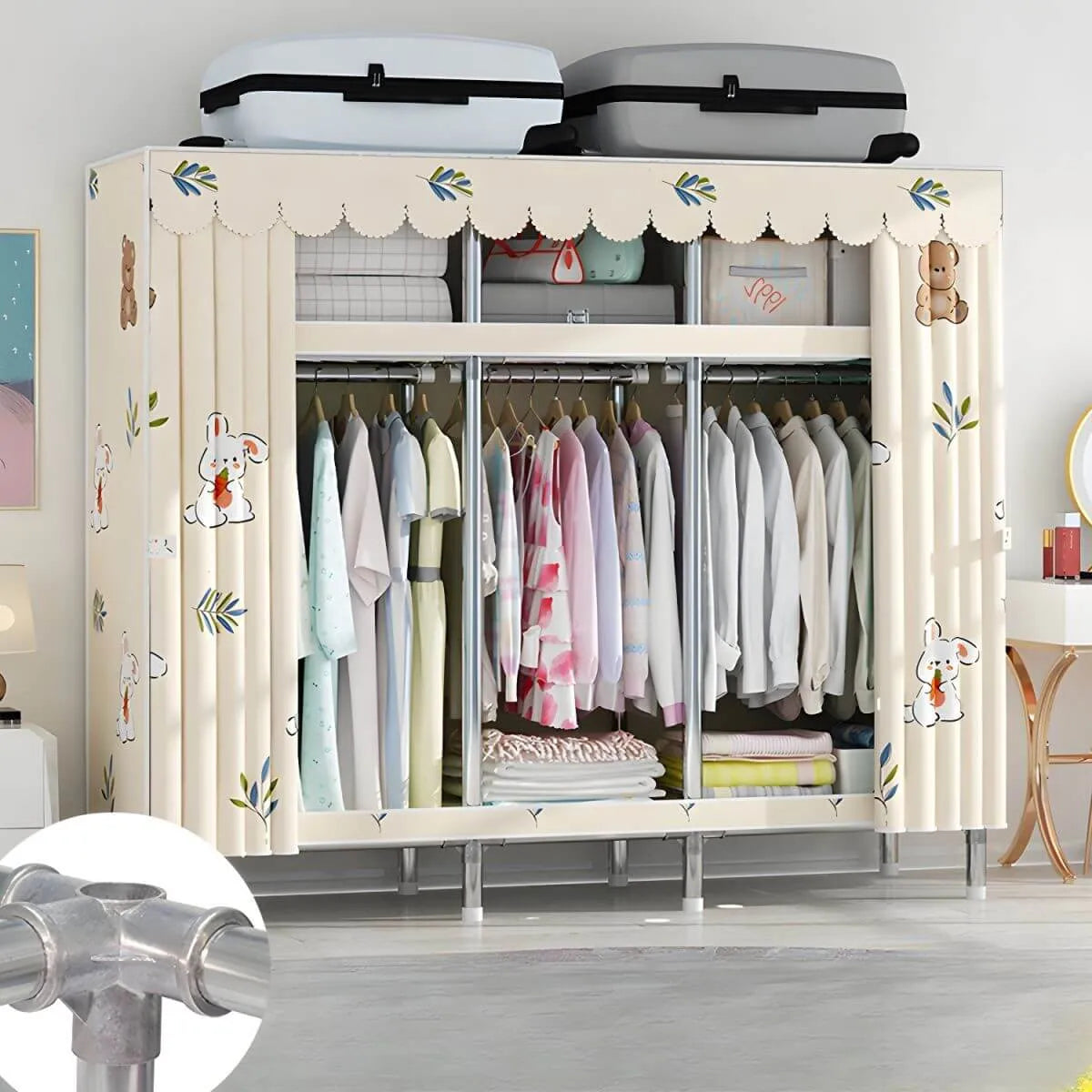 Patterned Metal Wardrobe Armoire With Shelves, Rod And Legs