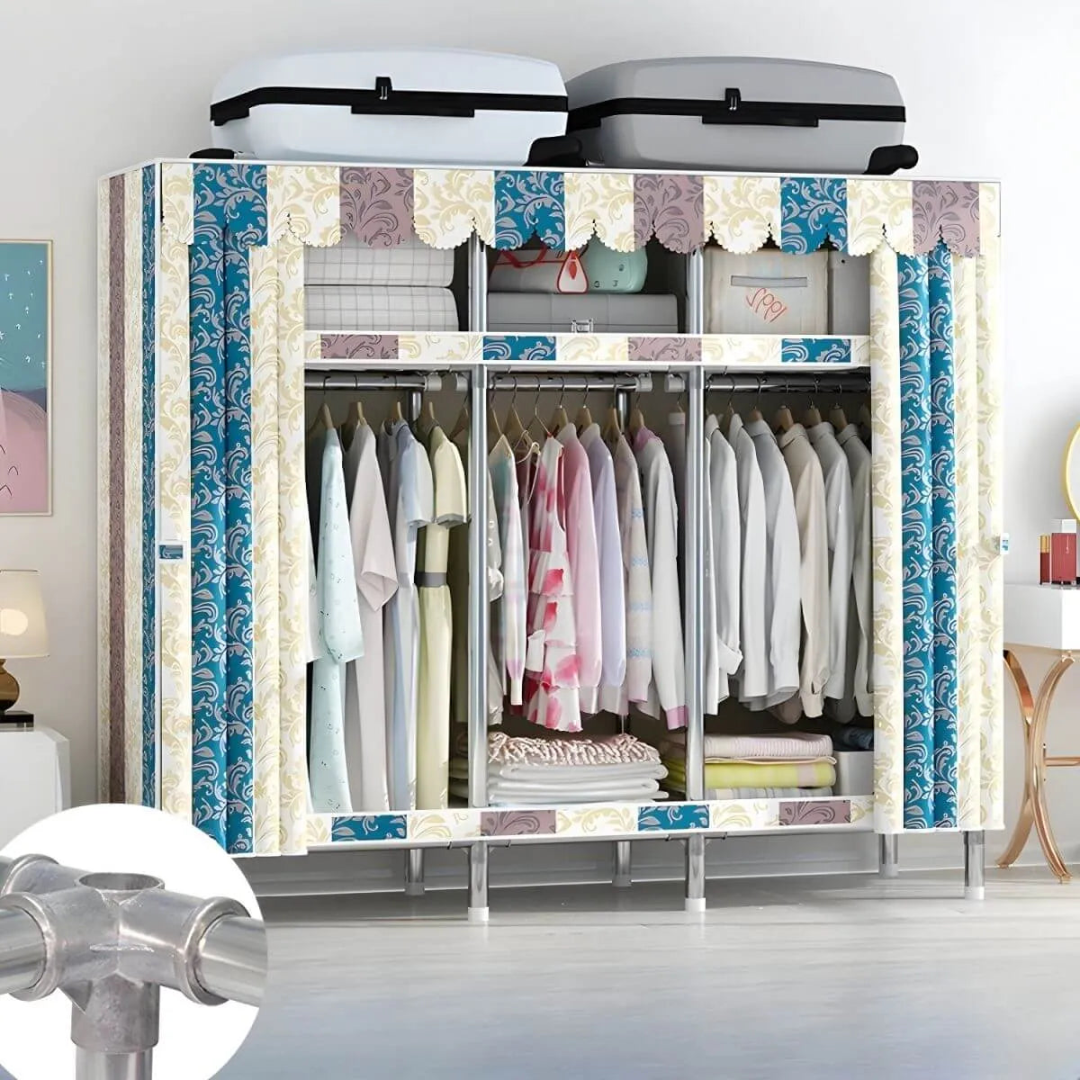 Patterned Metal Wardrobe Armoire With Shelves, Rod And Legs