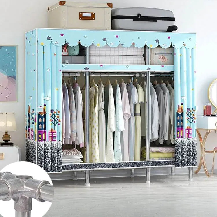 Patterned Metal Wardrobe Armoire With Shelves, Rod And Legs
