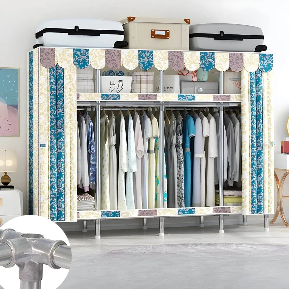 Patterned Metal Wardrobe Armoire With Shelves, Rod And Legs