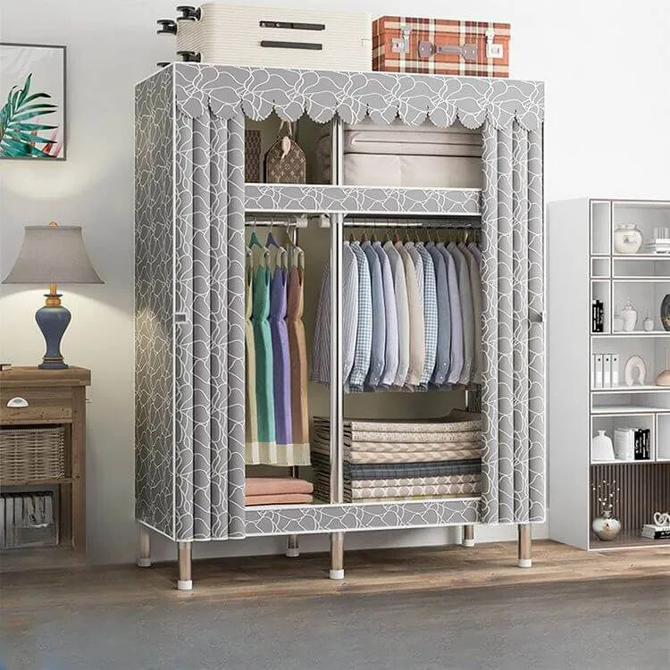 Patterned Metal Wardrobe Armoire With Shelves, Rod And Legs