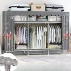 Patterned Metal Wardrobe Armoire With Shelves, Rod And Legs