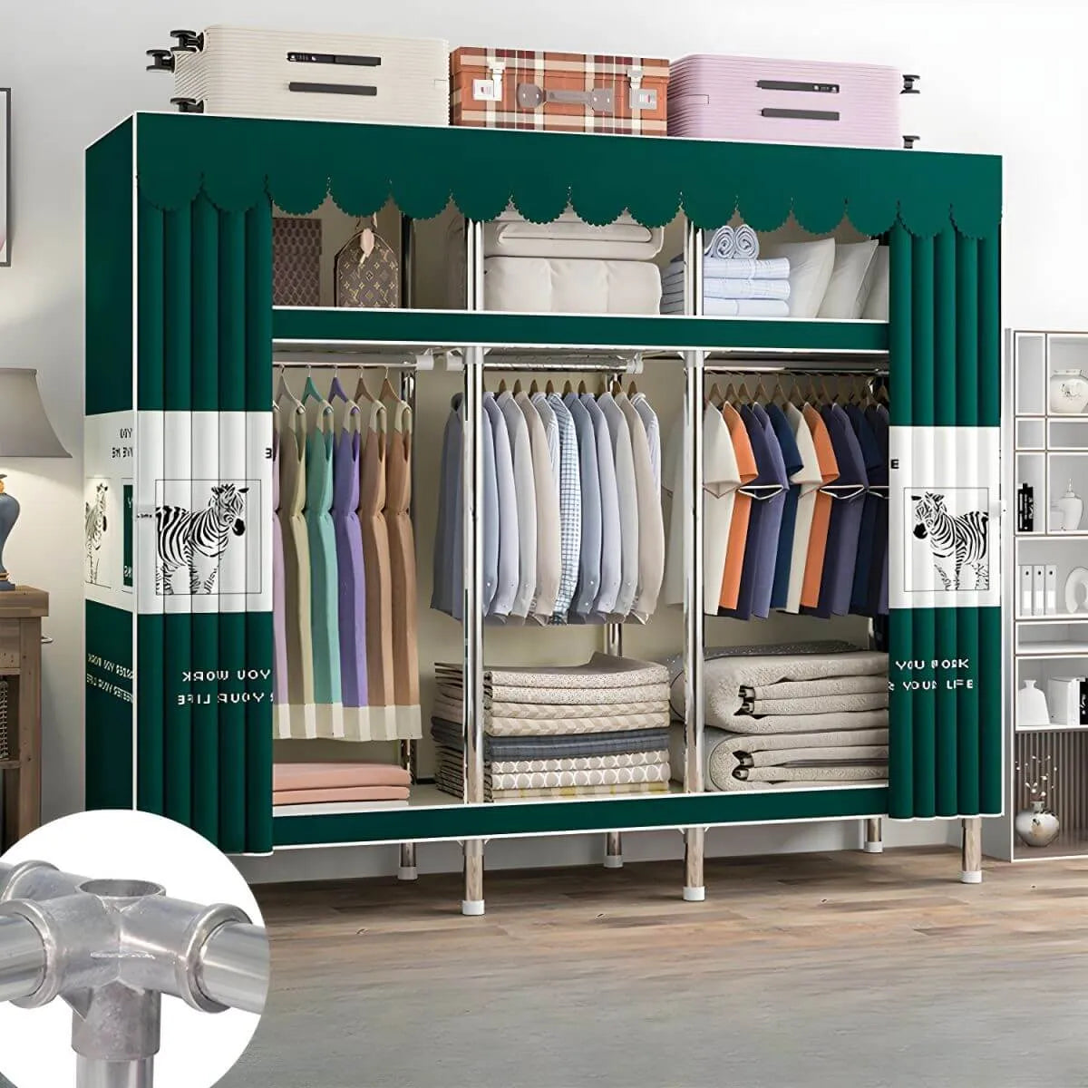 Patterned Metal Wardrobe Armoire With Shelves, Rod And Legs