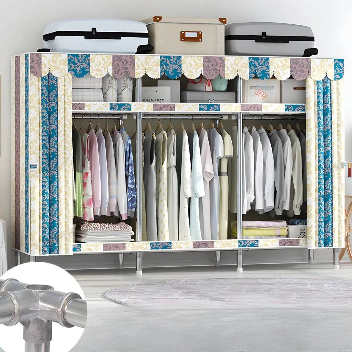 Patterned Metal Wardrobe Armoire With Shelves, Rod And Legs