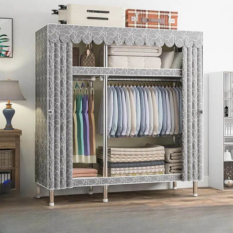 Patterned Metal Wardrobe Armoire With Shelves, Rod And Legs