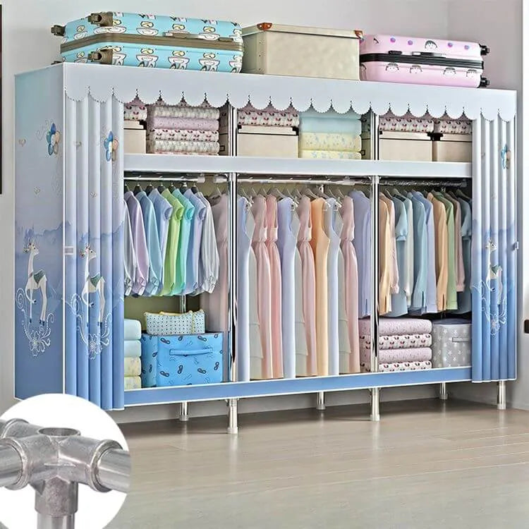 Patterned Metal Wardrobe Armoire With Shelves, Rod And Legs