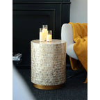 Pearl Shell Mosaic Drum Side Table with Sculptural Coastal Glam