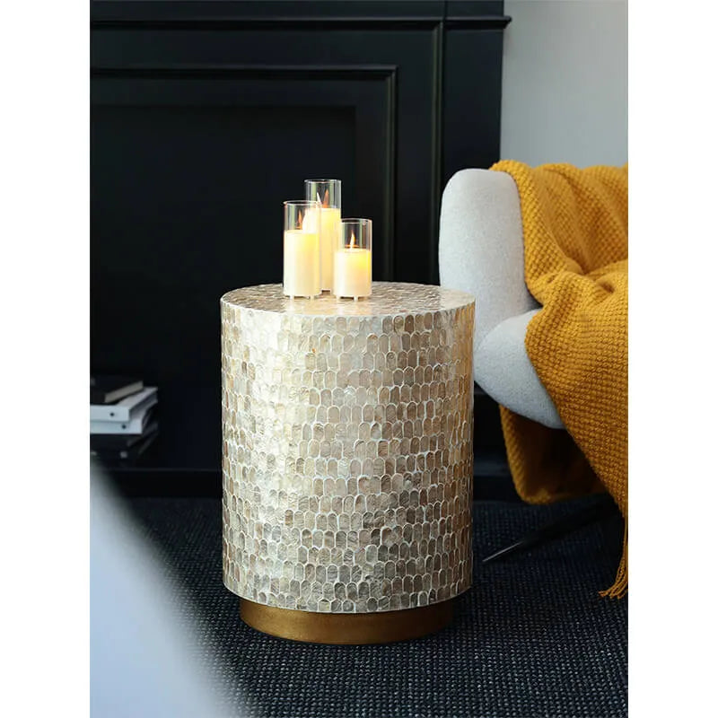 Pearl Shell Mosaic Drum Side Table with Sculptural Coastal Glam