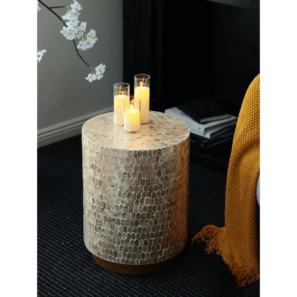 Pearl Shell Mosaic Drum Side Table with Sculptural Coastal Glam